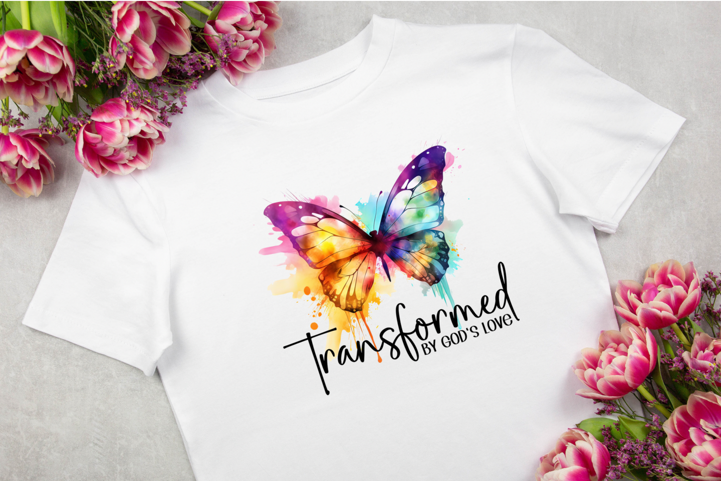 Transformed by God’s Love” T-Shirt – Christian Faith-Based Graphic Tee (Poly Cotton Blend)